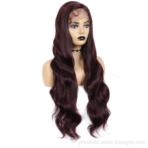 Burgundy color  wave Lace Wig L Part Heat Resist Fiber Soft Long body Wave Hair Wig For Black Women Synthetic Lace Front Wigs